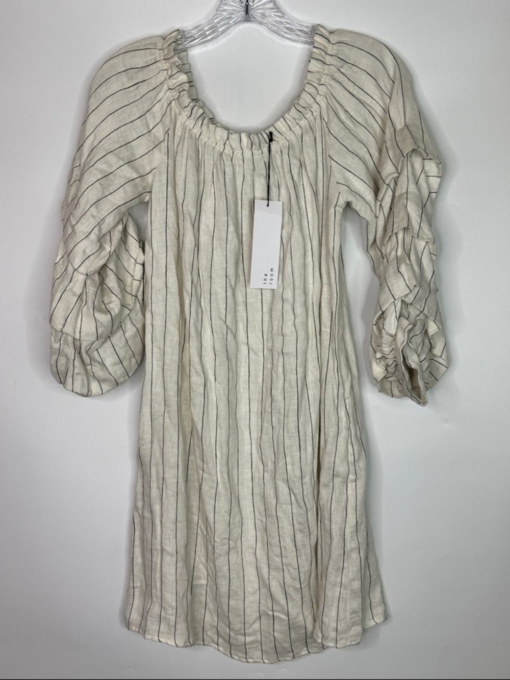 The Room Off The Shoulder White Pin Striped Dress Size Medium NWT